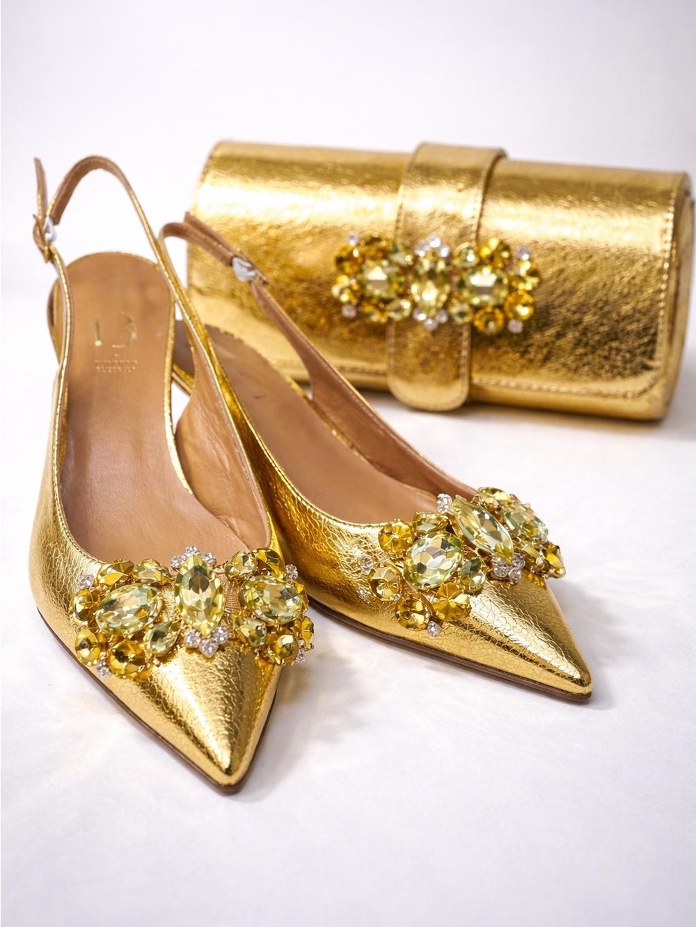 Italian Shoemakers Gold Jeweled Pointed Slingback Flats with Matching Clutch